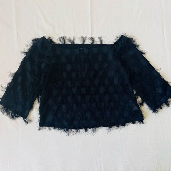 Zara Womens Top Fringe Polka Dot Fashion Semi Sheer Boat Off Shoulder Sleeve XS - Picture 5 of 5